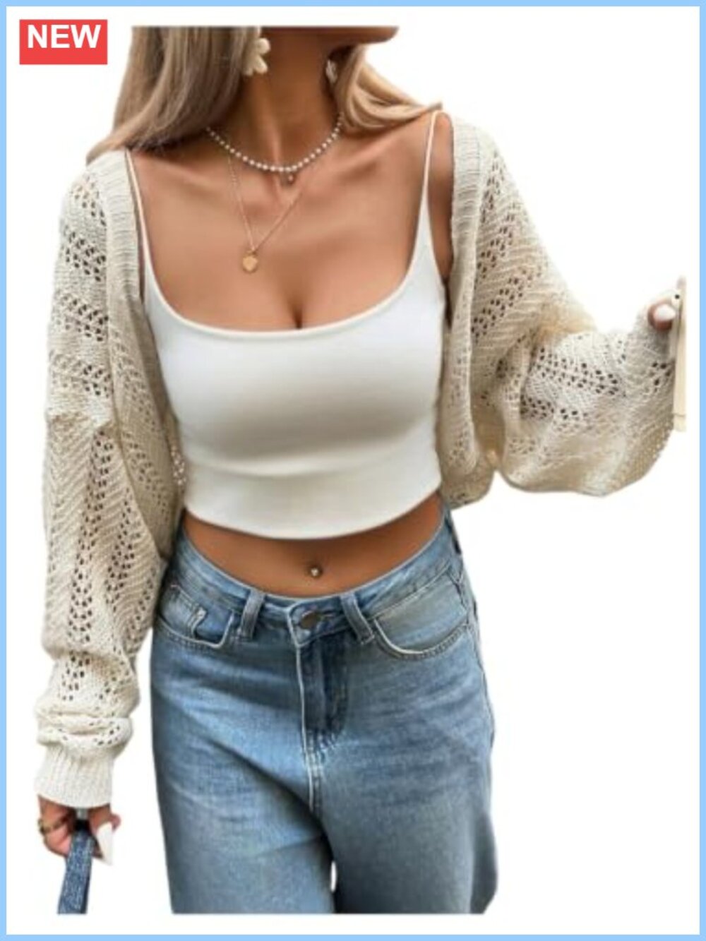 Lightweight Crochet Cropped Shrug Cardigan Long Sleeve Open Front Knit
